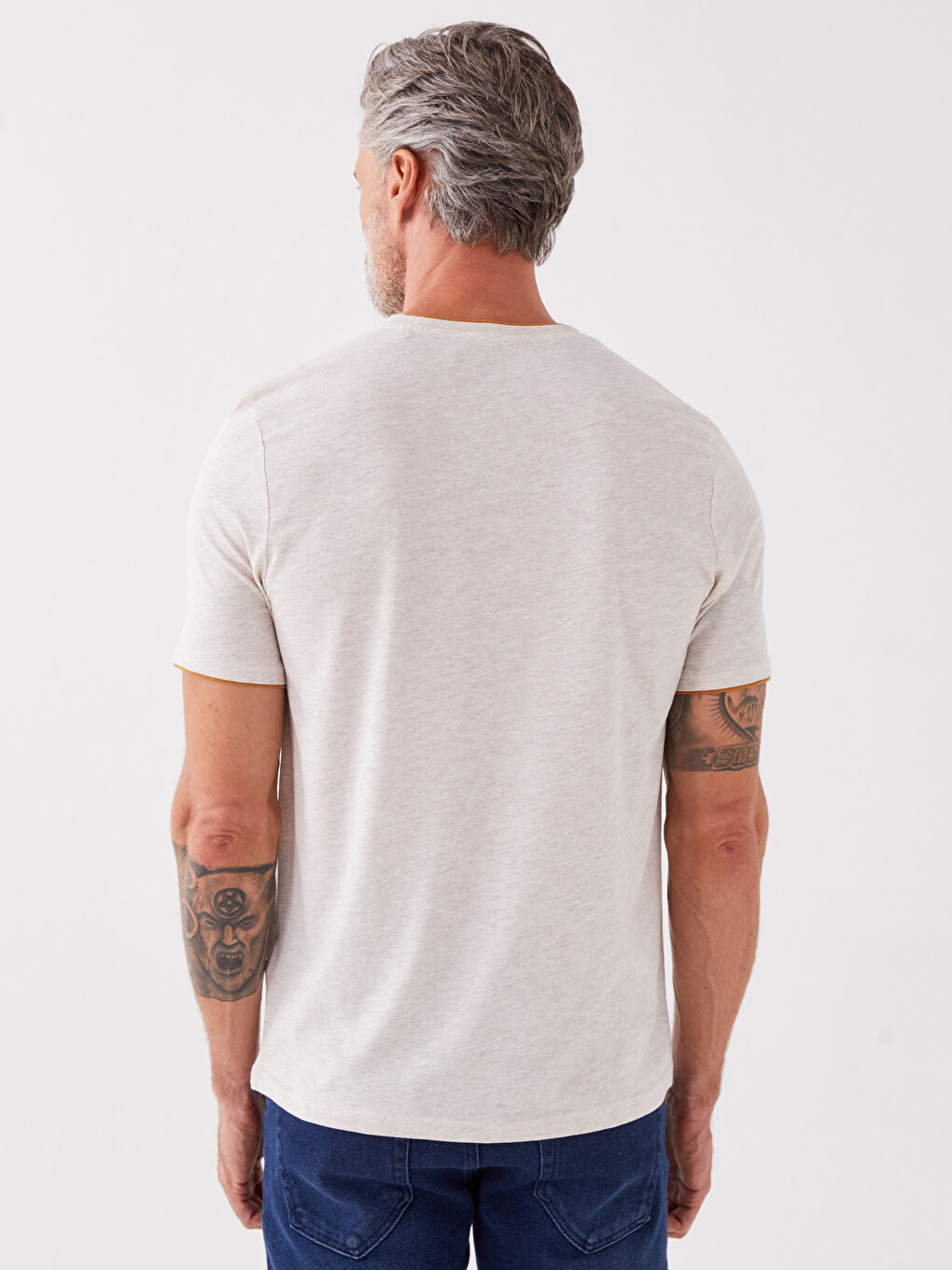 Bej Bisiklet Yaka Kısa Kollu Baskılı Penye Erkek Tişört-4