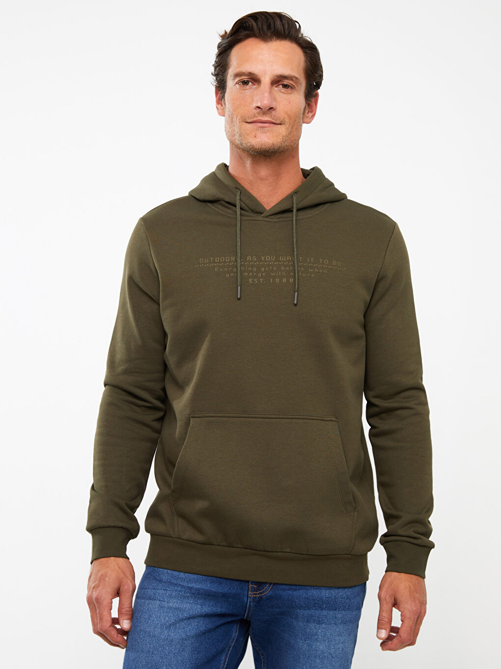 LCWAIKIKI Classic Haki Uzun Kollu Baskılı Erkek Hoodie - 1