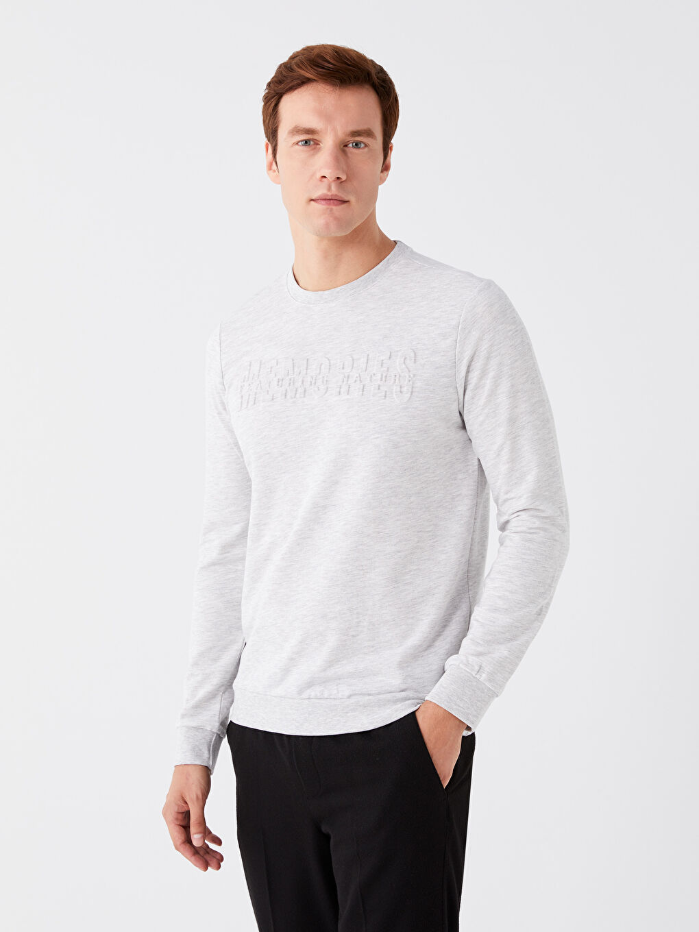 LCWAIKIKI Classic Taş Rengi Melanj Bisiklet Yaka Uzun Kollu Baskılı Erkek Sweatshirt