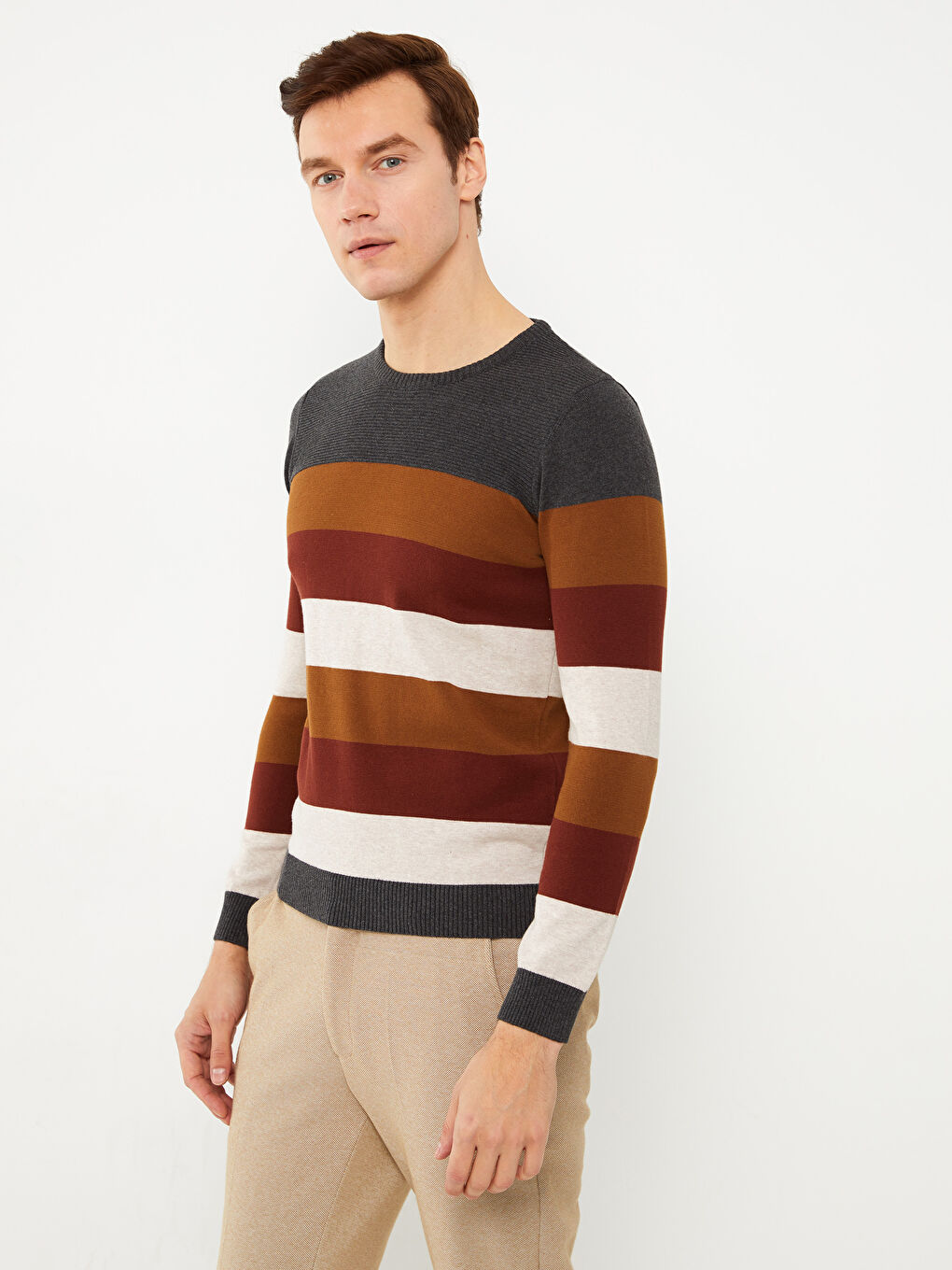 Antrasit Bisiklet Yaka Uzun Kollu Renk Bloklu Erkek Triko Kazak