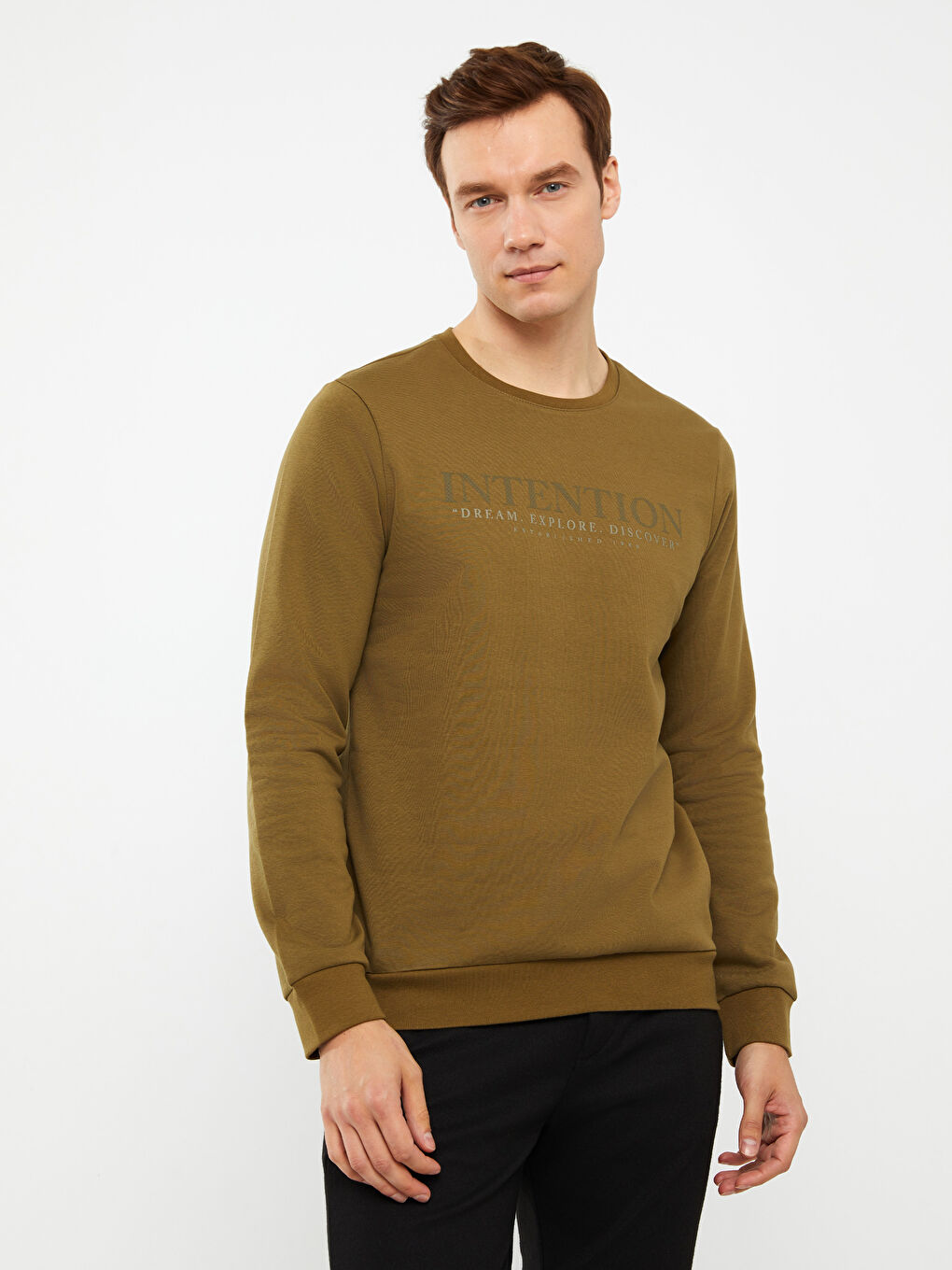 LCWAIKIKI Classic Haki Bisiklet Yaka Uzun Kollu Baskılı Erkek Sweatshirt