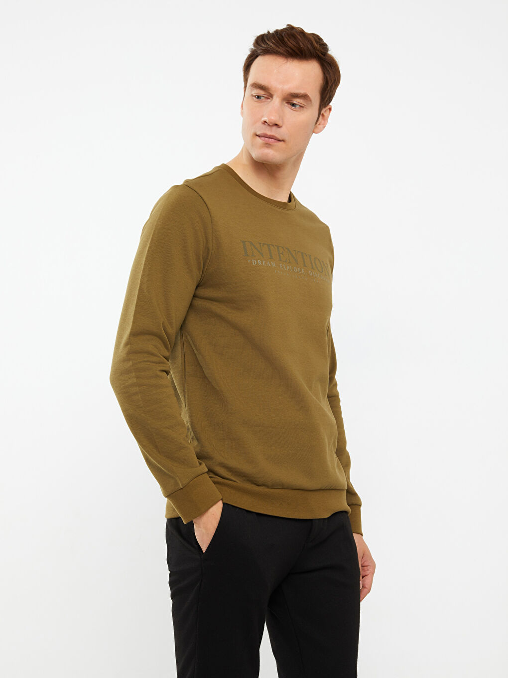 LCWAIKIKI Classic Haki Bisiklet Yaka Uzun Kollu Baskılı Erkek Sweatshirt - 1