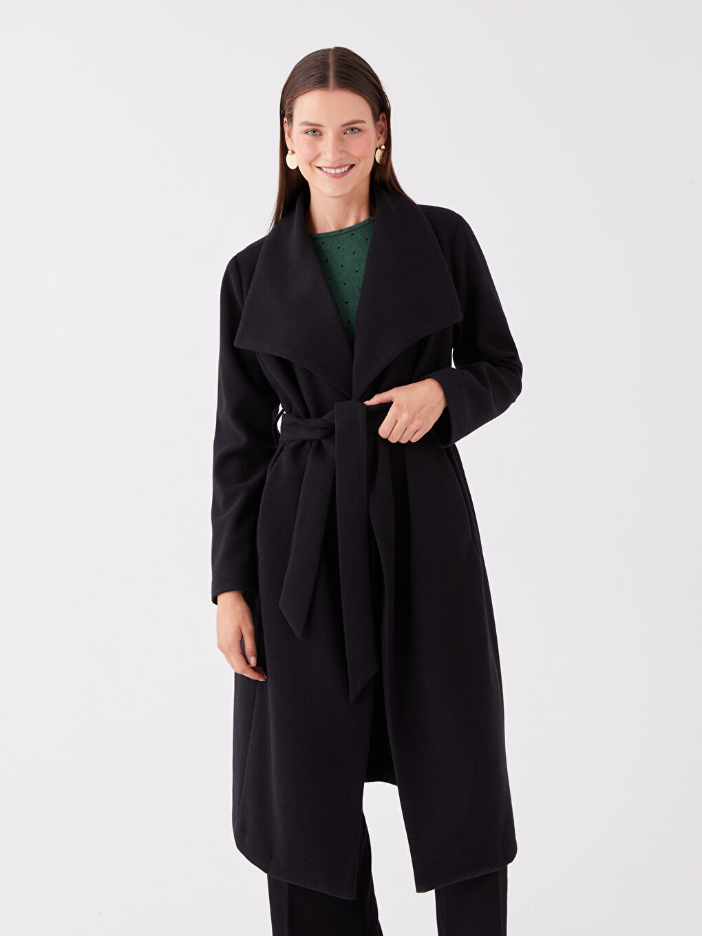 Siyah Şal Yaka Düz Uzun Kollu Kadın Kaşe Kaban