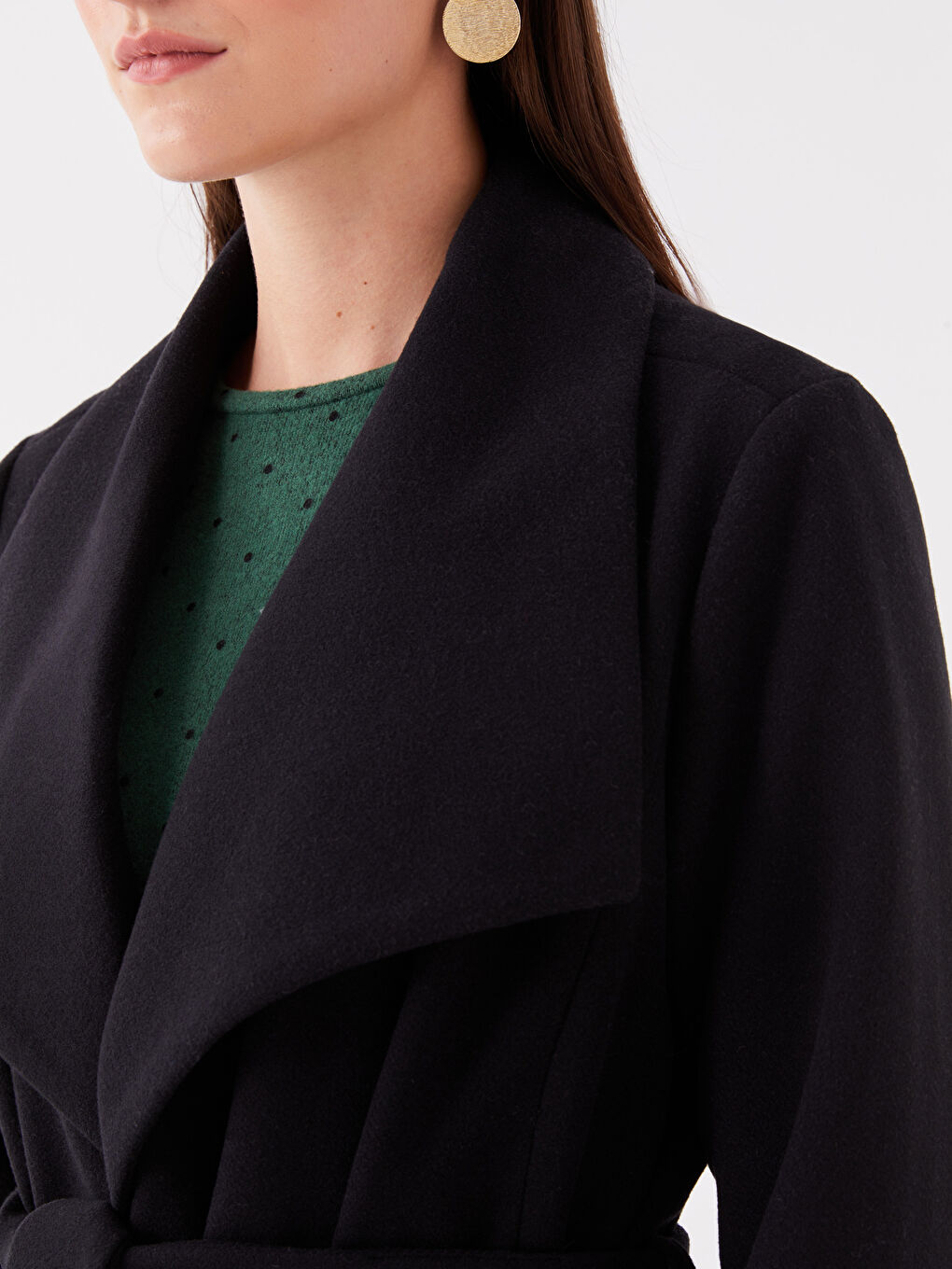 Siyah Şal Yaka Düz Uzun Kollu Kadın Kaşe Kaban-3