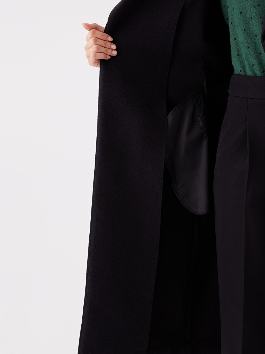 Siyah Şal Yaka Düz Uzun Kollu Kadın Kaşe Kaban-4