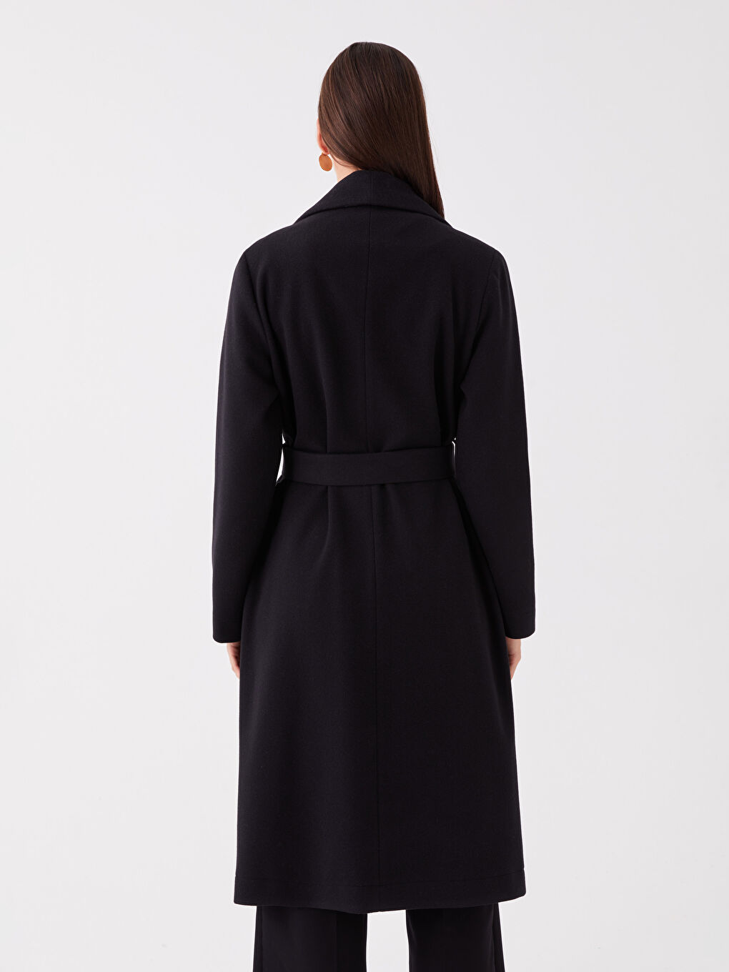 Siyah Şal Yaka Düz Uzun Kollu Kadın Kaşe Kaban-5