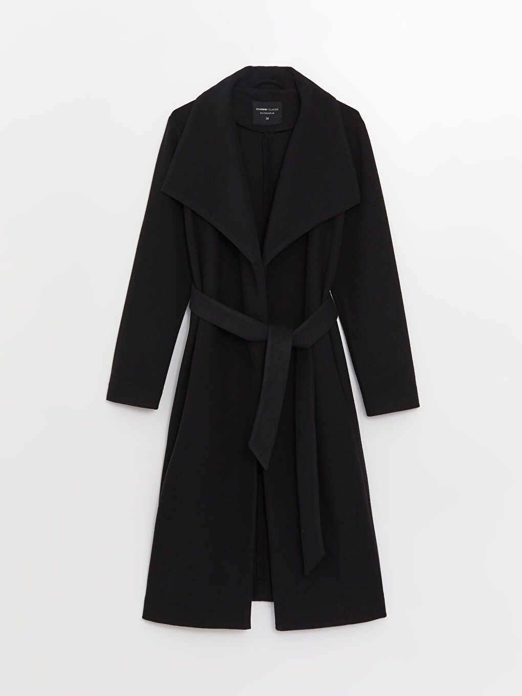 Siyah Şal Yaka Düz Uzun Kollu Kadın Kaşe Kaban-6