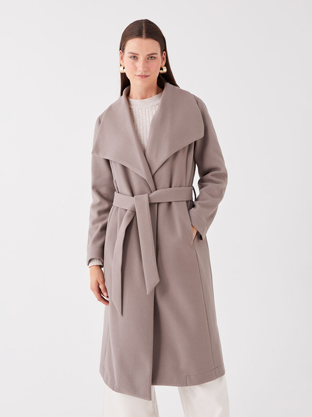 Palton pentru Femei cu Guler cu Dublu Piept și Cusături Simple-1