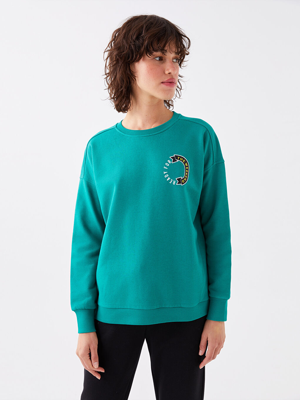 LCW ECO Yeşil Bisiklet Yaka Baskılı Uzun Kollu Kadın Sweatshirt