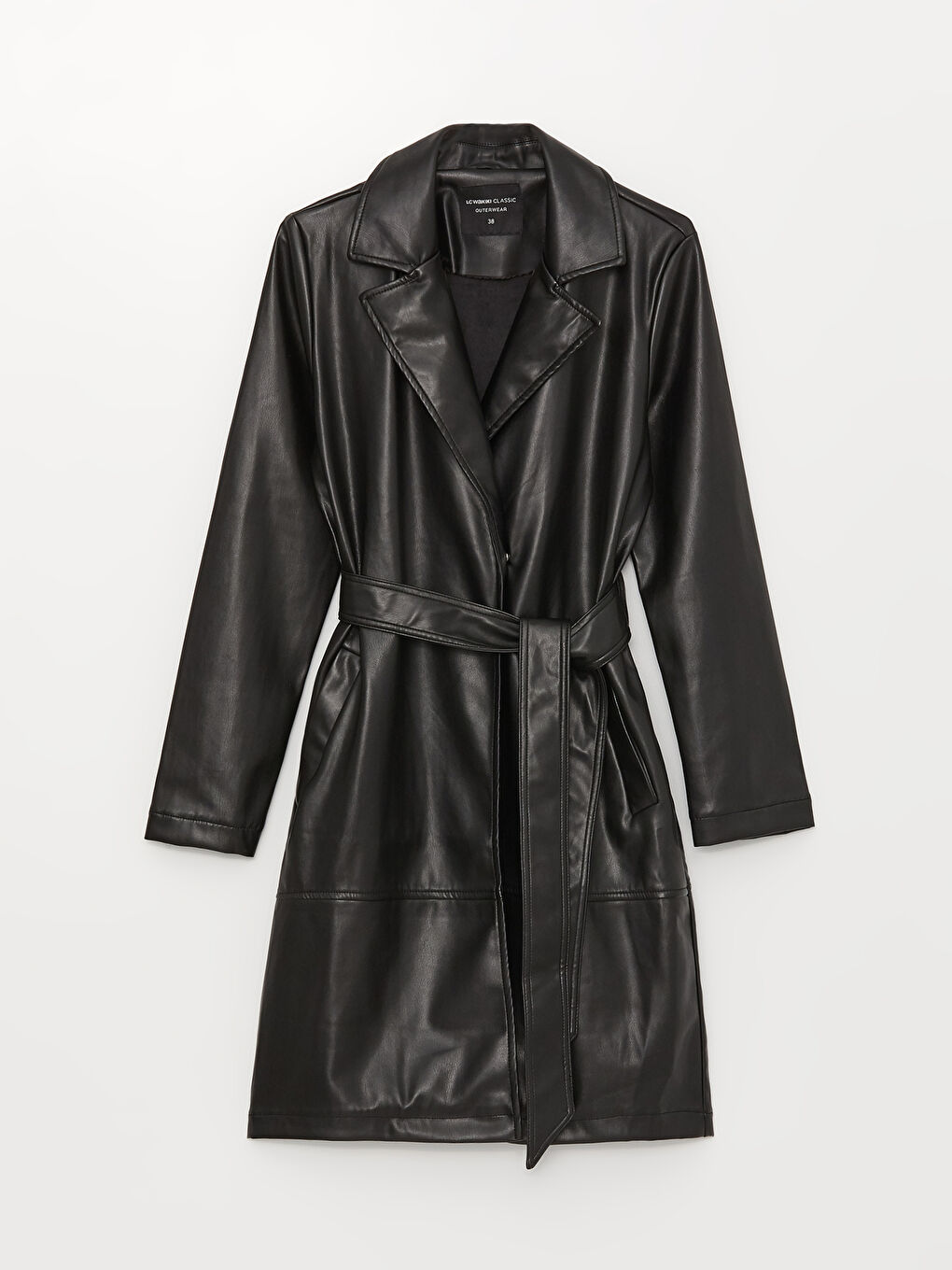 Siyah Ceket Yaka Düz Uzun Kollu Deri Görünümlü Kadın Trençkot-8