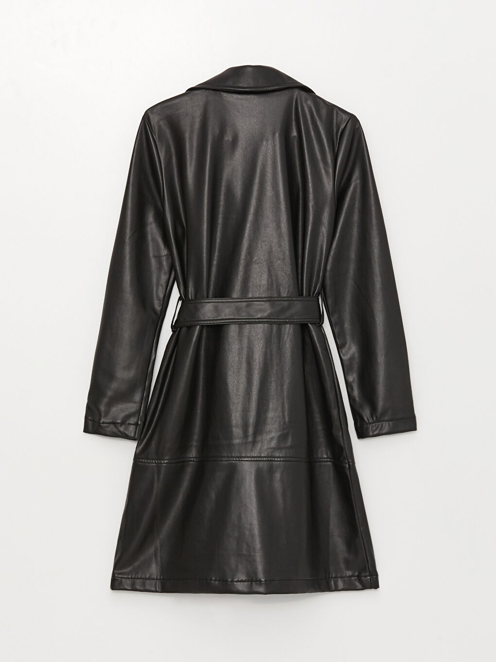 Siyah Ceket Yaka Düz Uzun Kollu Deri Görünümlü Kadın Trençkot-9