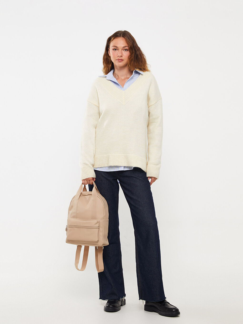 Bej Deri Görünümlü Kadın Sırt Çantası-1