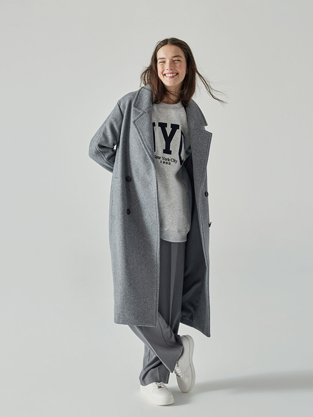 Gri Ceket Yaka Kadın Kaşe Kaban-2