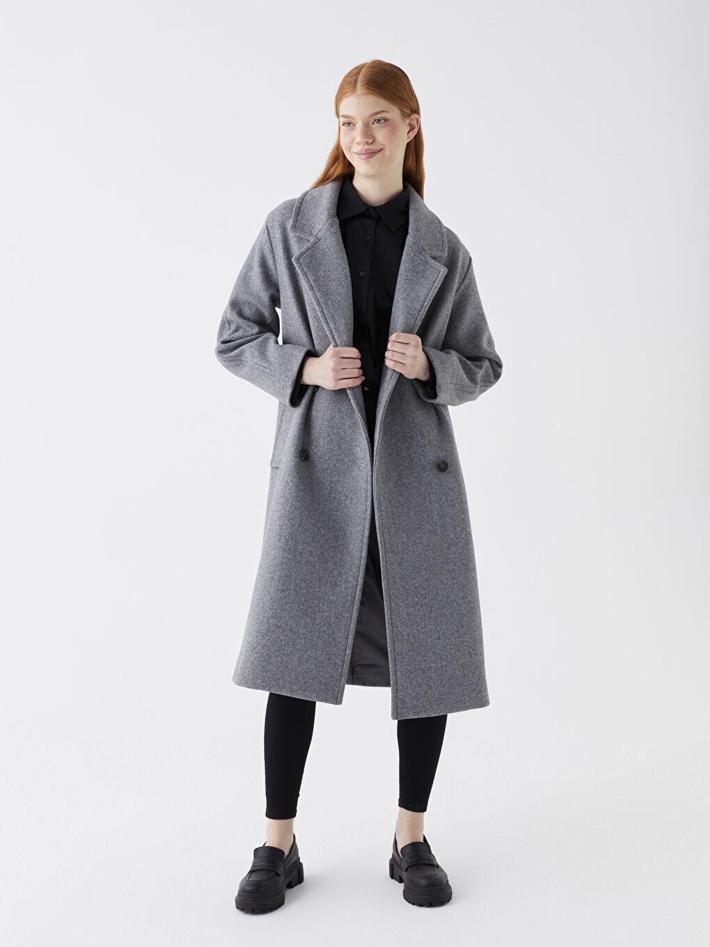 Gri Ceket Yaka Kadın Kaşe Kaban-3