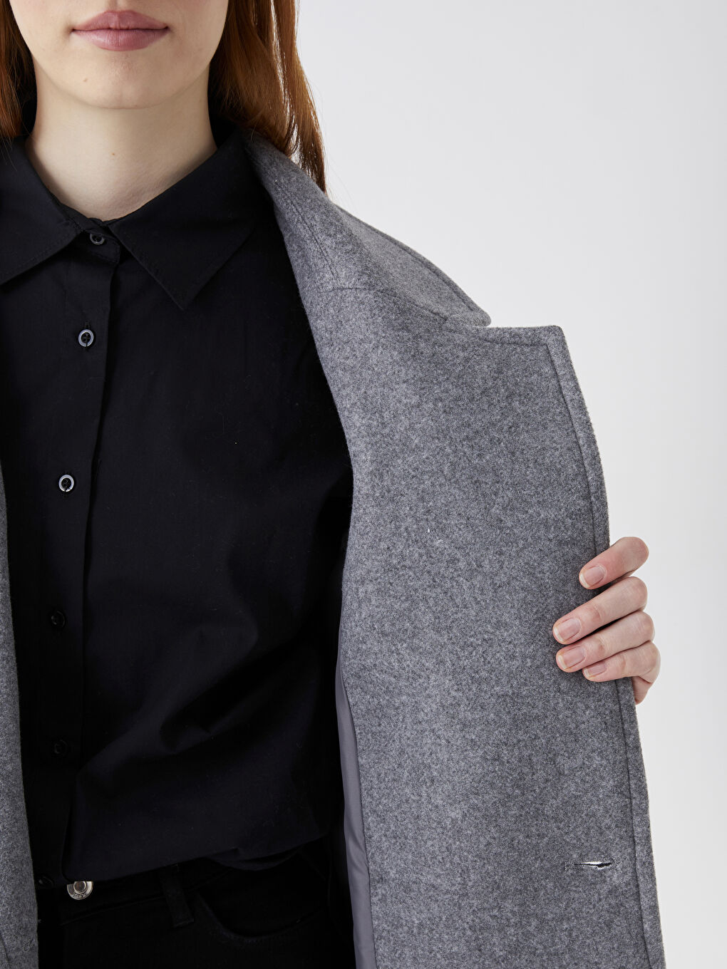 Gri Ceket Yaka Kadın Kaşe Kaban-5