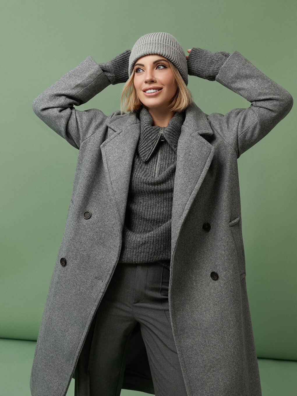 Gri Ceket Yaka Kadın Kaşe Kaban