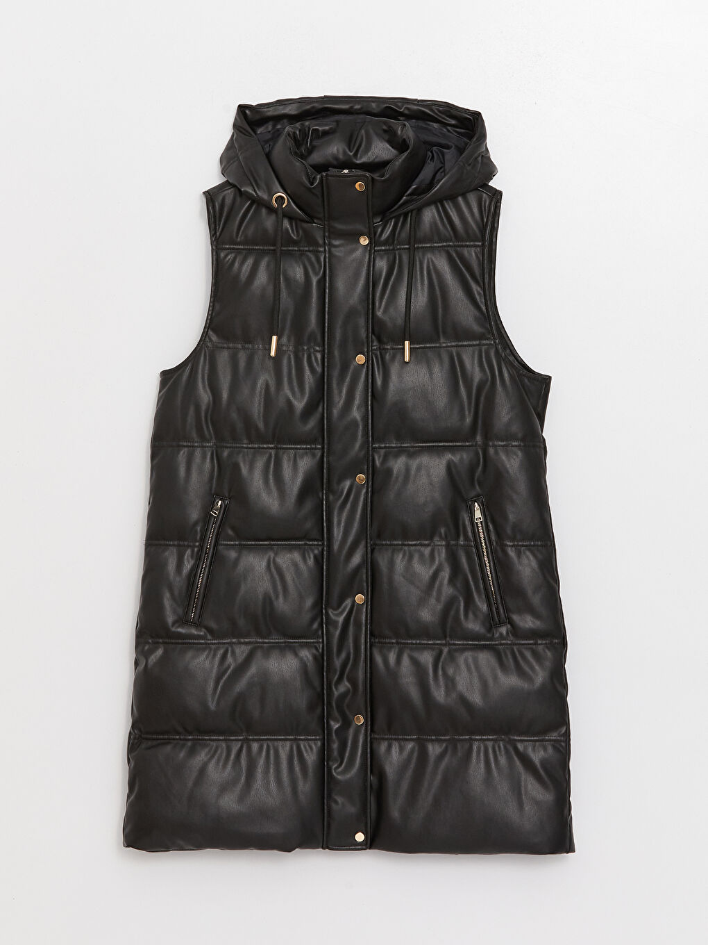 Siyah Kapüşonlu Düz Deri Görünümlü Kadın Şişme Yelek-6