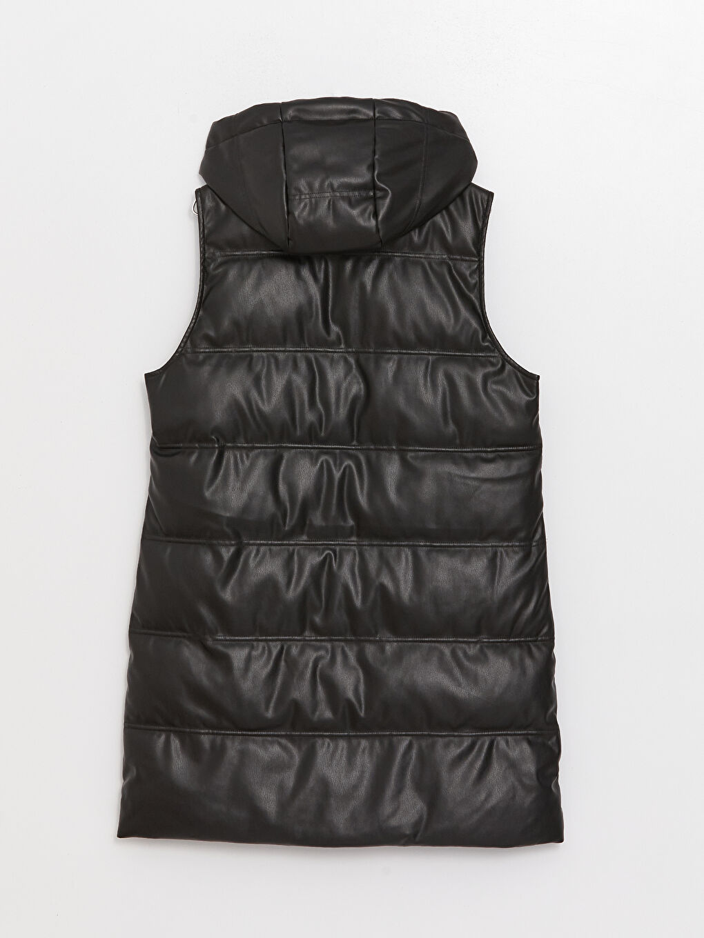 Siyah Kapüşonlu Düz Deri Görünümlü Kadın Şişme Yelek-7