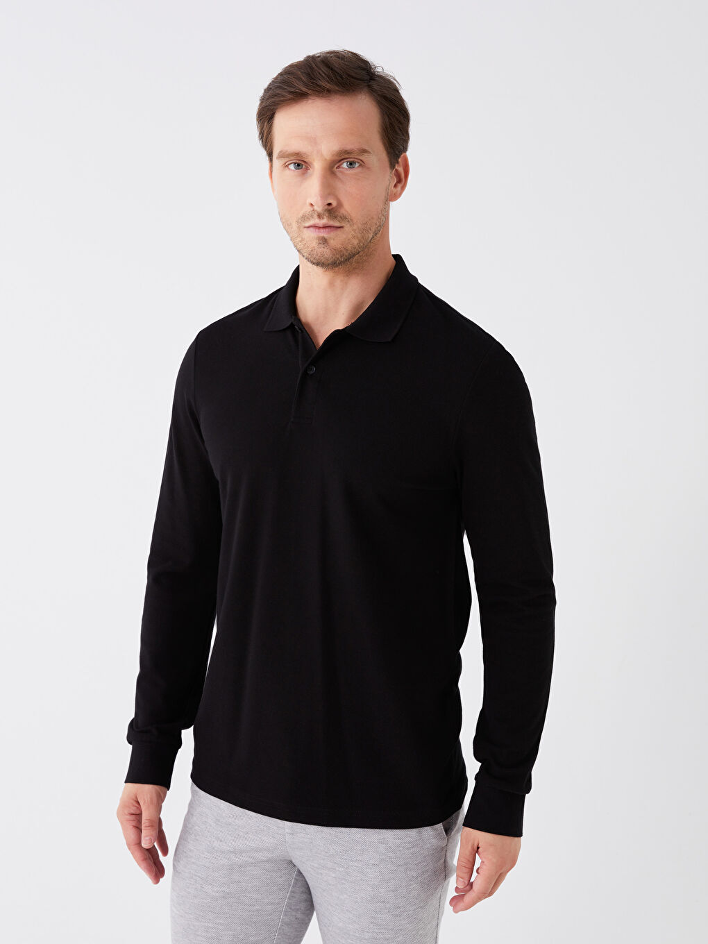 LCWAIKIKI Classic Siyah Polo Yaka Uzun Kollu Erkek Sweatshirt