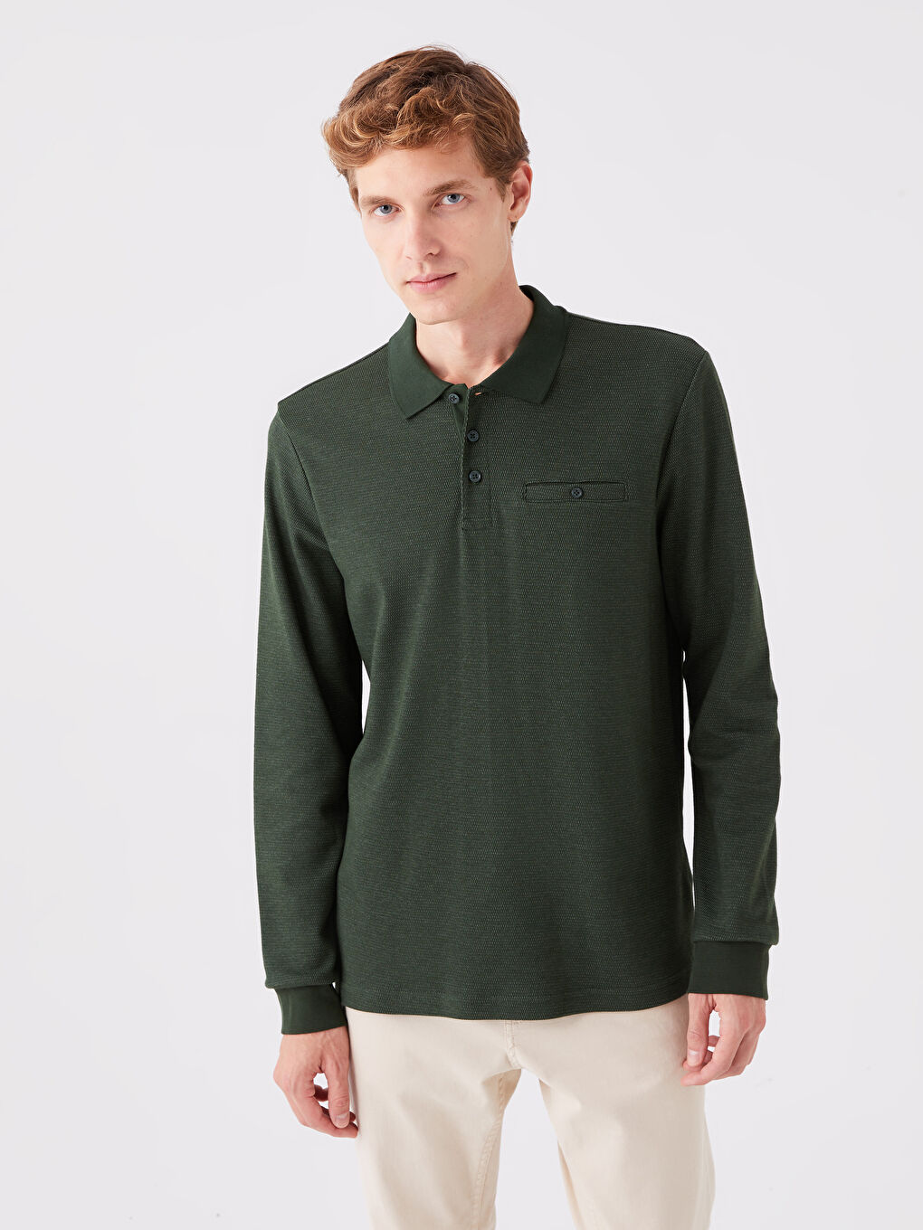 LCWAIKIKI Classic Yeşil Jakarlı Polo Yaka Uzun Kollu Erkek Sweatshirt - 1