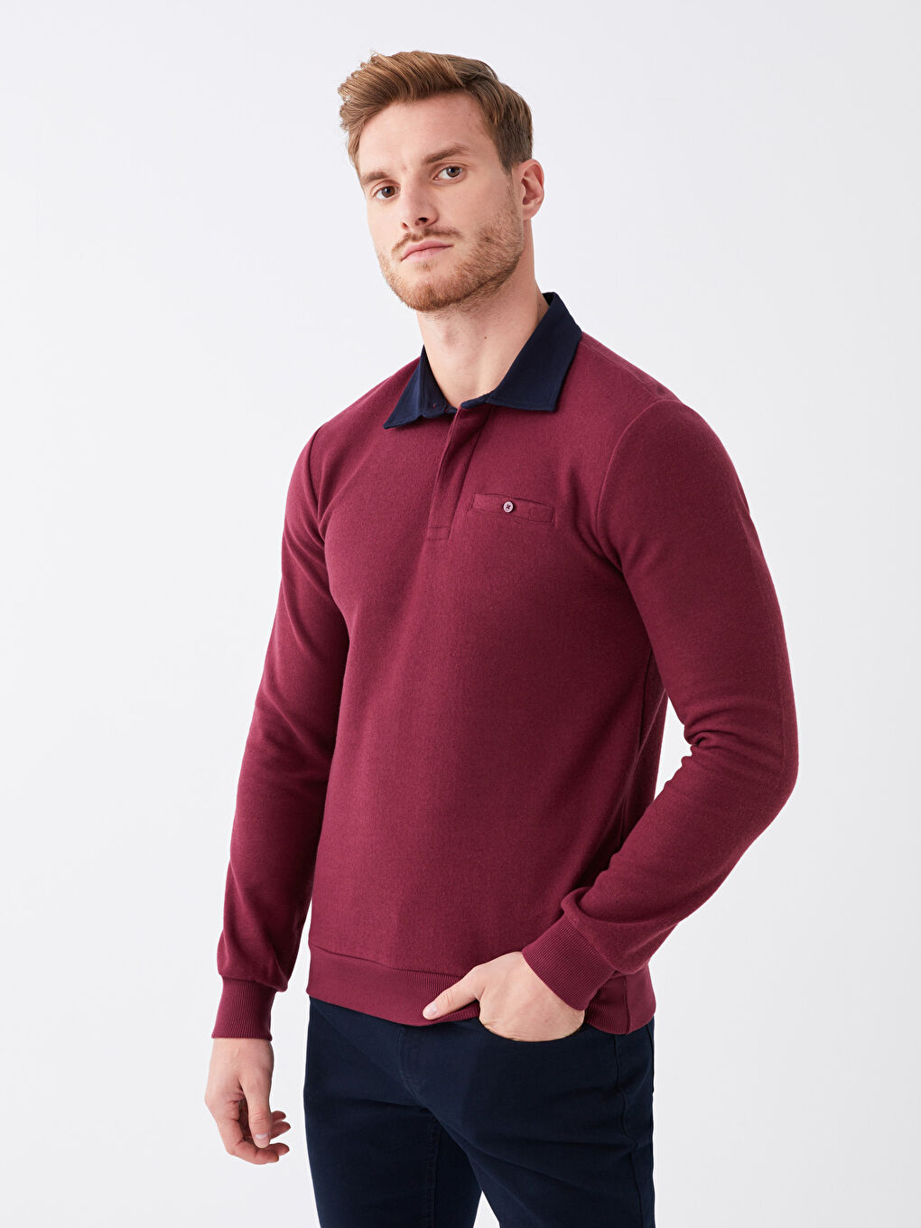 LCWAIKIKI Classic Bordo Polo Yaka Uzun Kollu Erkek Sweatshirt