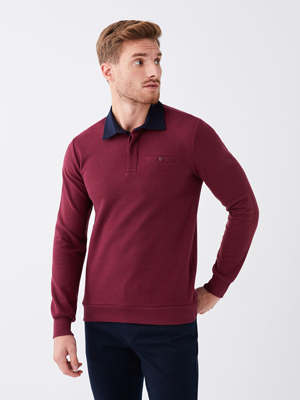 LCWAIKIKI Classic Bordo Polo Yaka Uzun Kollu Erkek Sweatshirt - 1