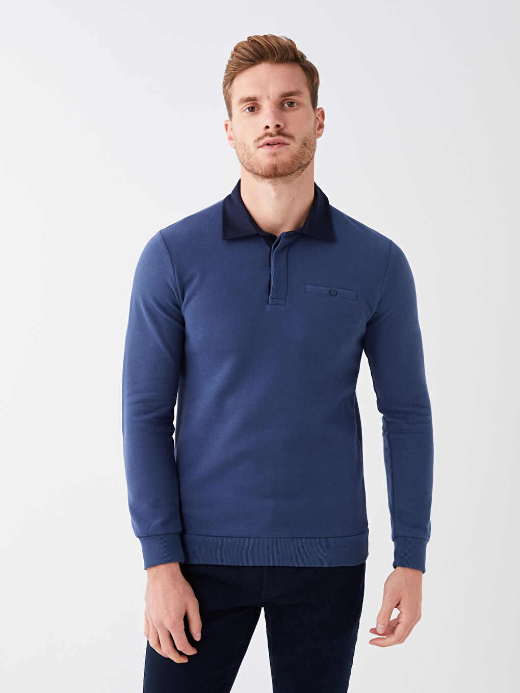 LCWAIKIKI Classic İndigo Polo Yaka Uzun Kollu Erkek Sweatshirt