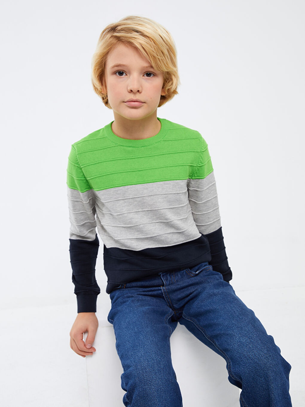 Crew Neck Color Block Long Sleeve Boys' Knitwear Sweater -W31664Z4-LFT