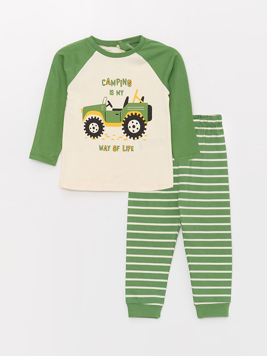 Ekru Bisiklet Yaka Uzun Kollu Erkek Bebek Pijama Takımı