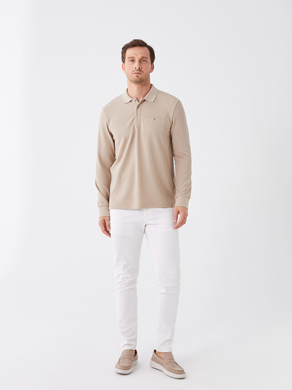 LCWAIKIKI Classic Bej Polo Yaka Uzun Kollu Erkek Sweatshirt - 2