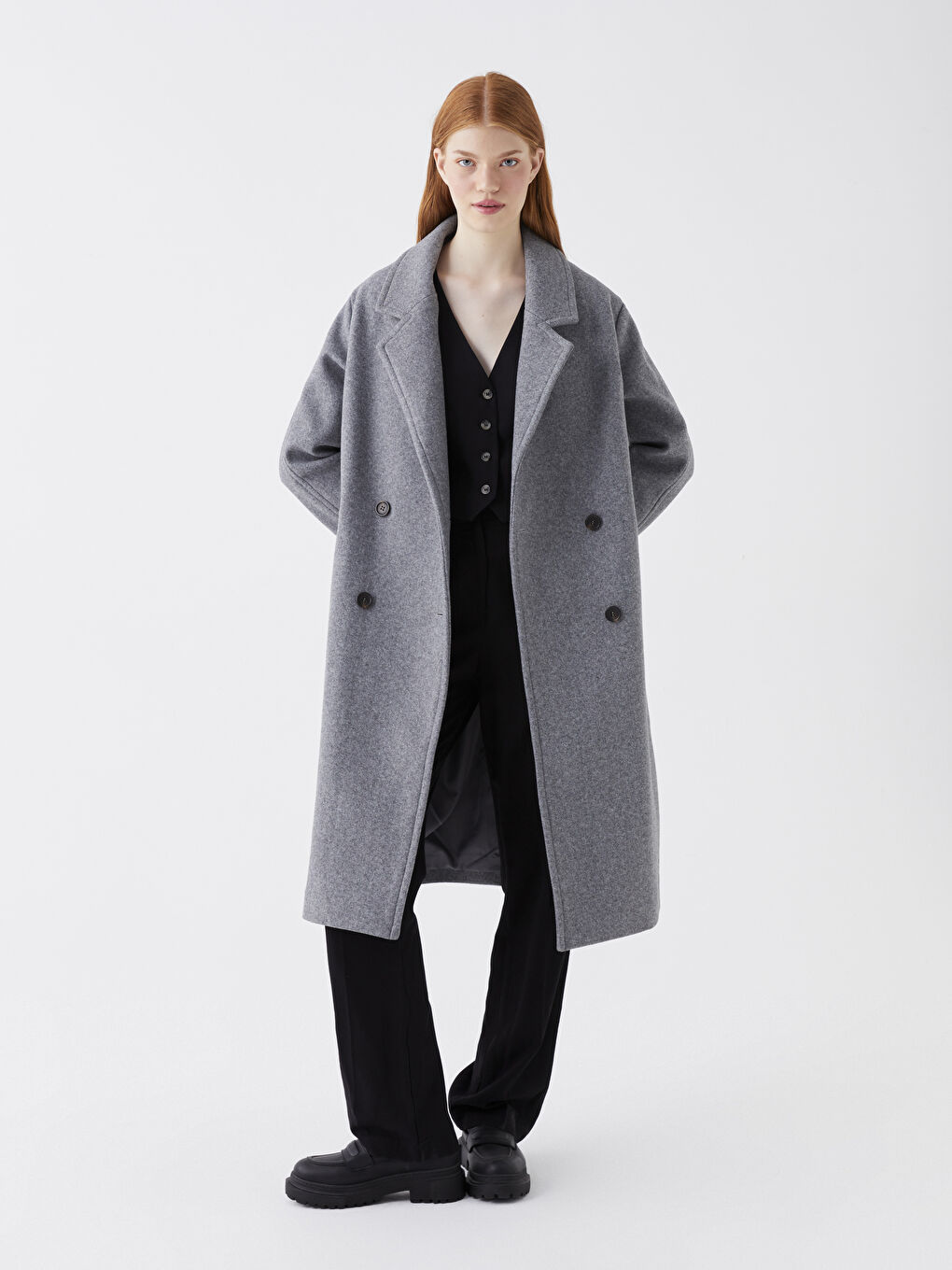 Gri Ceket Yaka Kadın Kaşe Kaban