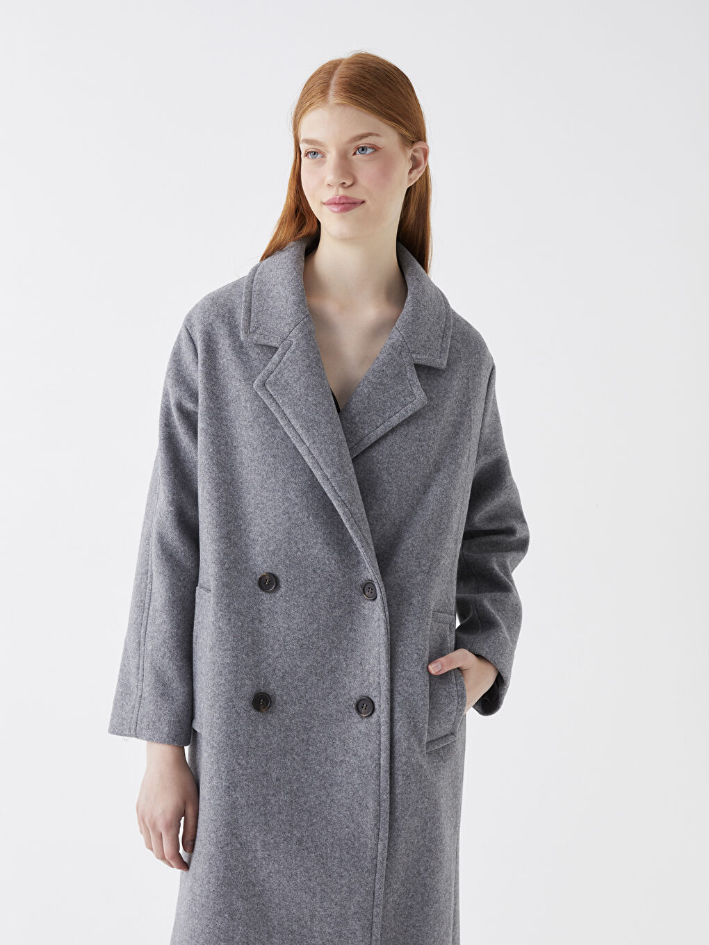 Gri Ceket Yaka Kadın Kaşe Kaban-1