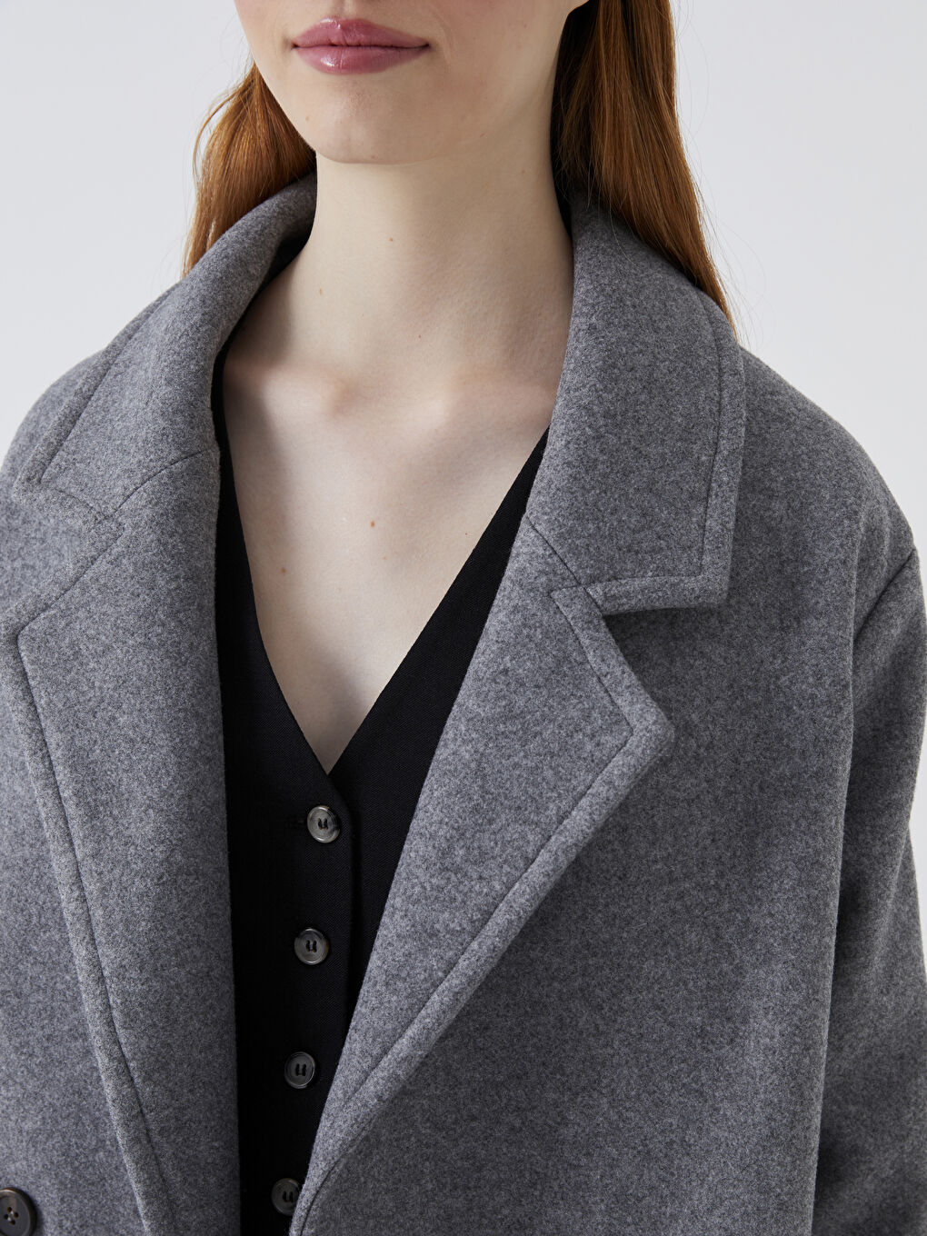 Gri Ceket Yaka Kadın Kaşe Kaban-3