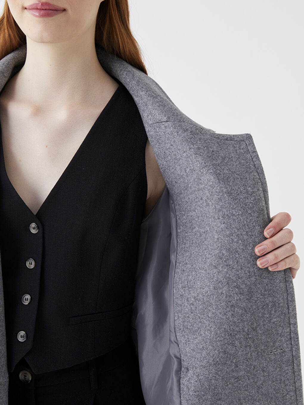 Gri Ceket Yaka Kadın Kaşe Kaban-4