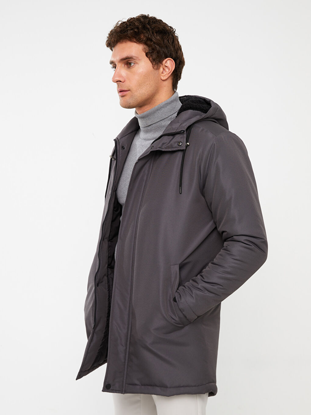 Antrasit Standart Kalıp Kapüşonlu Erkek Mont-1