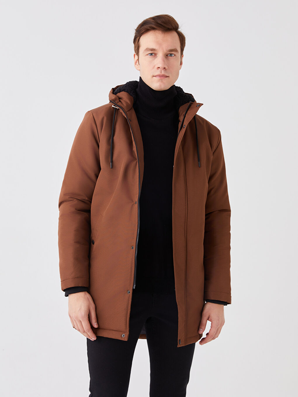 Kahverengi Standart Kalıp Kapüşonlu Erkek Mont-1