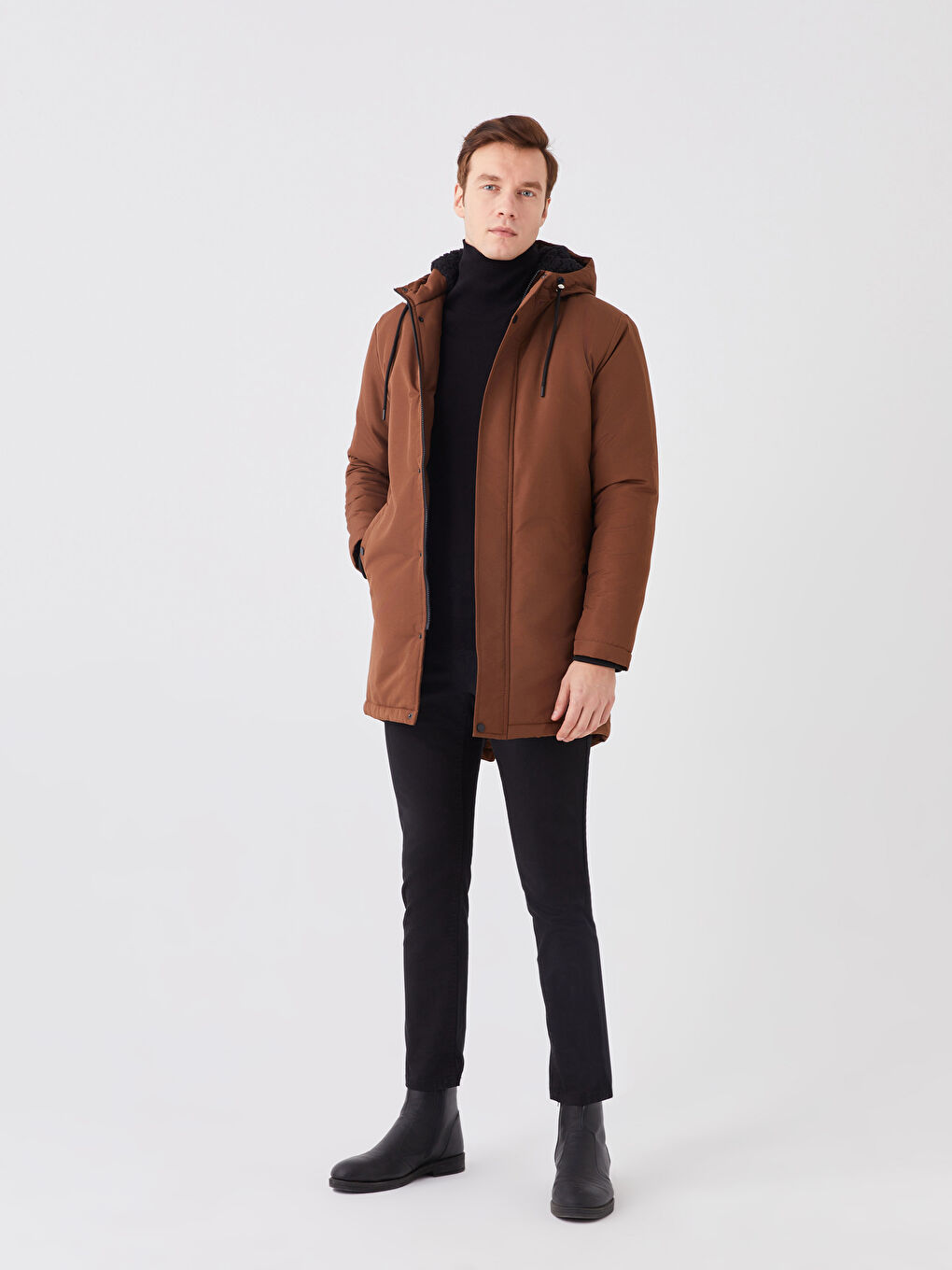 Kahverengi Standart Kalıp Kapüşonlu Erkek Mont-2