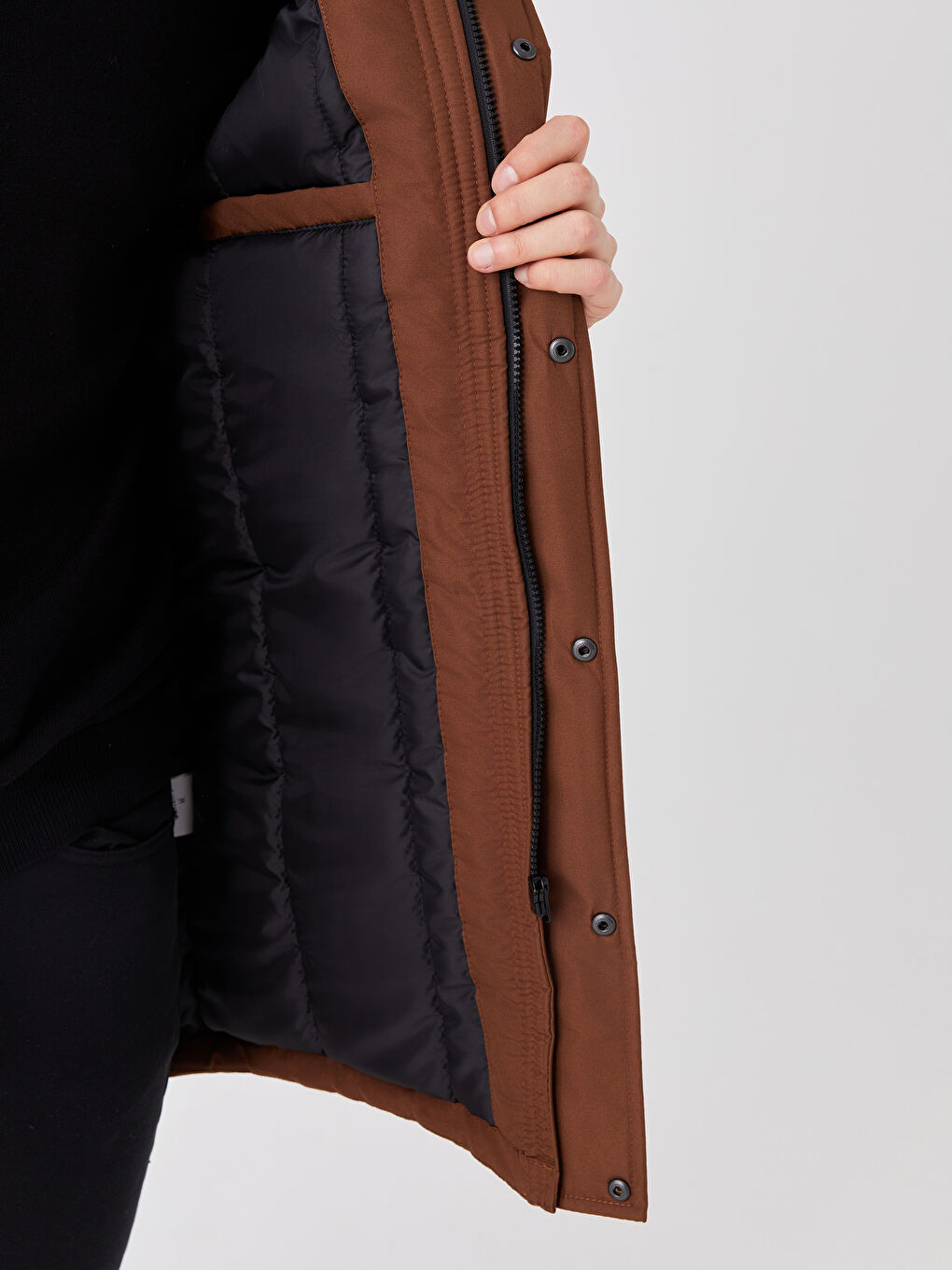 Kahverengi Standart Kalıp Kapüşonlu Erkek Mont-3