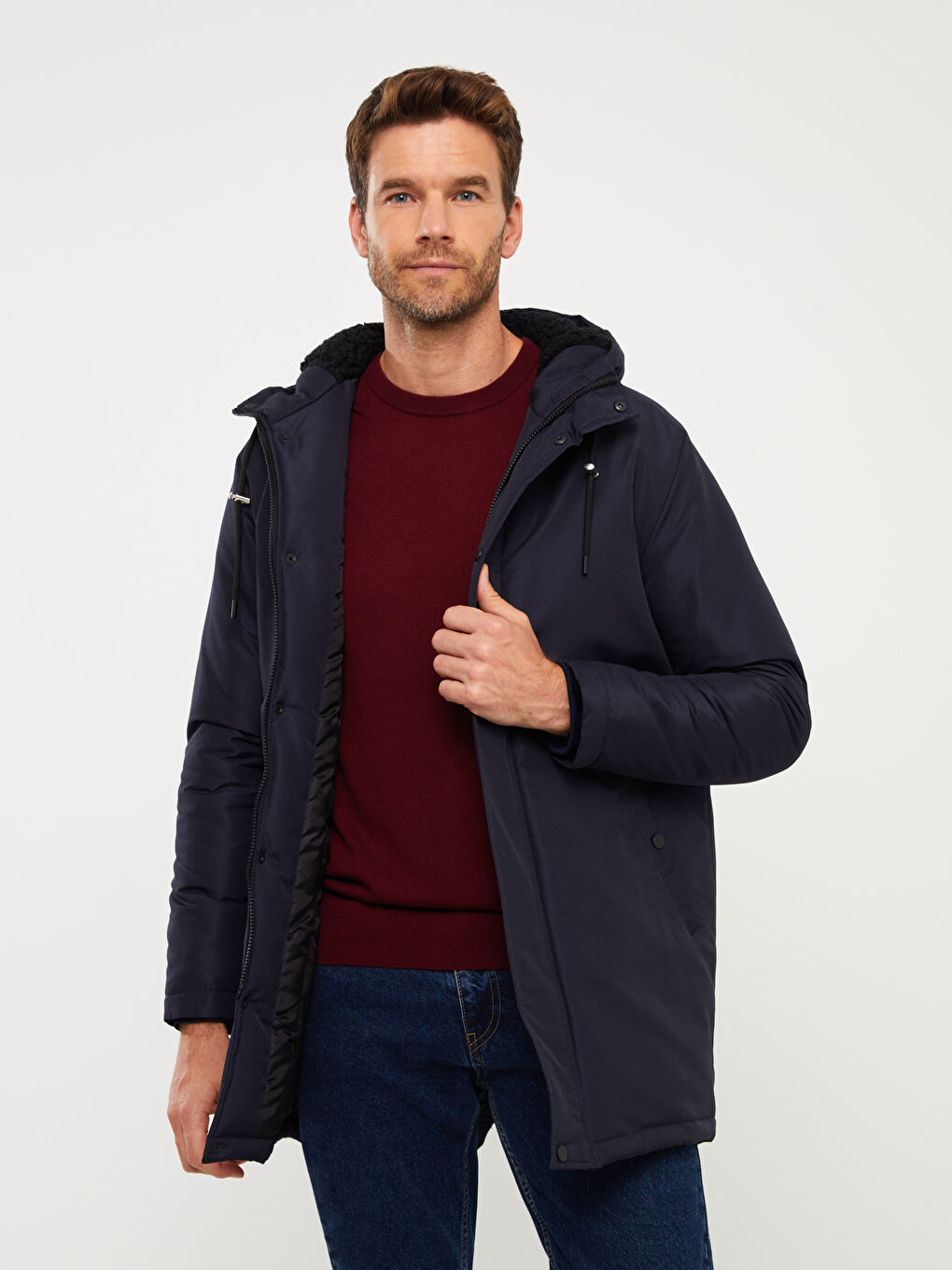 Lacivert Standart Kalıp Kapüşonlu Erkek Mont