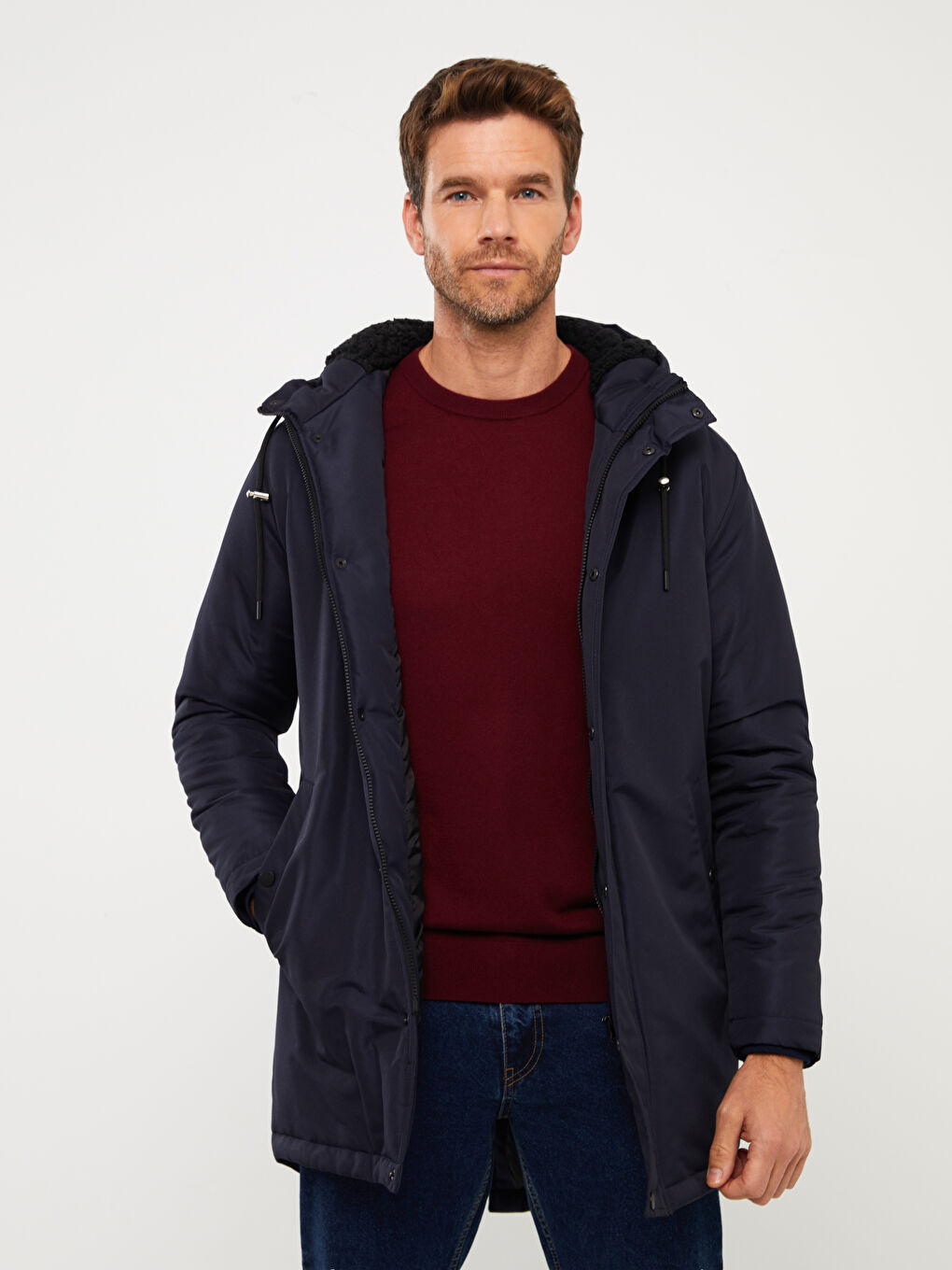 Lacivert Standart Kalıp Kapüşonlu Erkek Mont-1