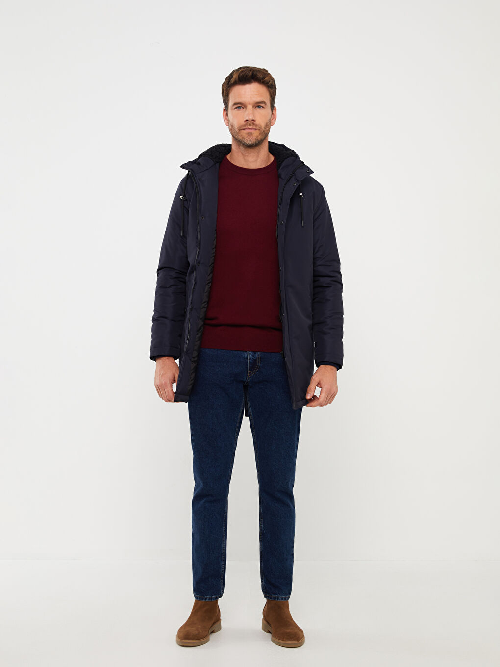 Lacivert Standart Kalıp Kapüşonlu Erkek Mont-2