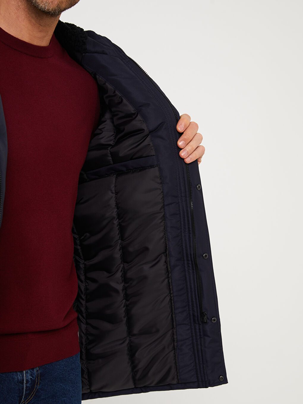 Lacivert Standart Kalıp Kapüşonlu Erkek Mont-4