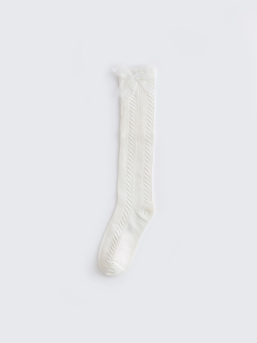 Ekru Kendinden Desenli Kız Çocuk Diz Altı Çorap-1