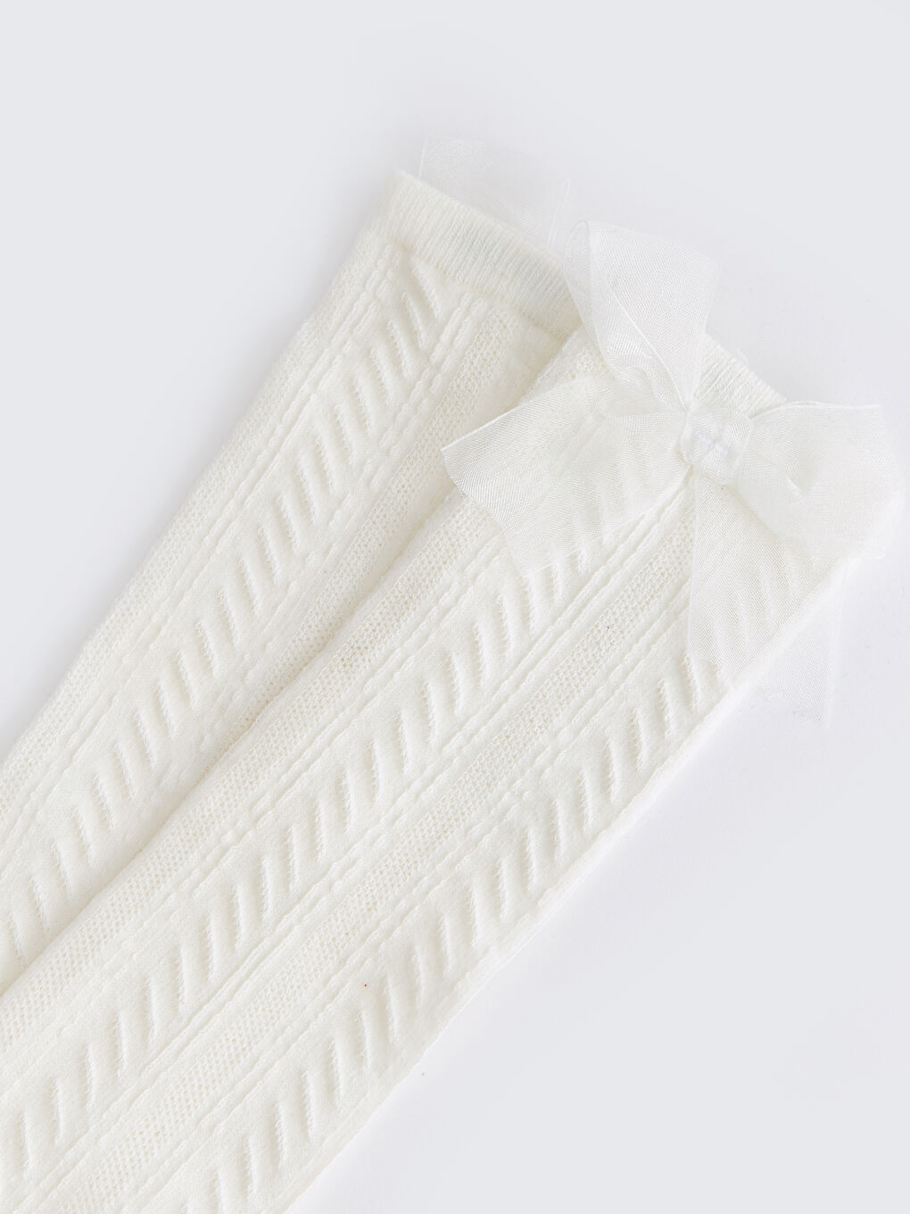 Ekru Kendinden Desenli Kız Çocuk Diz Altı Çorap-2