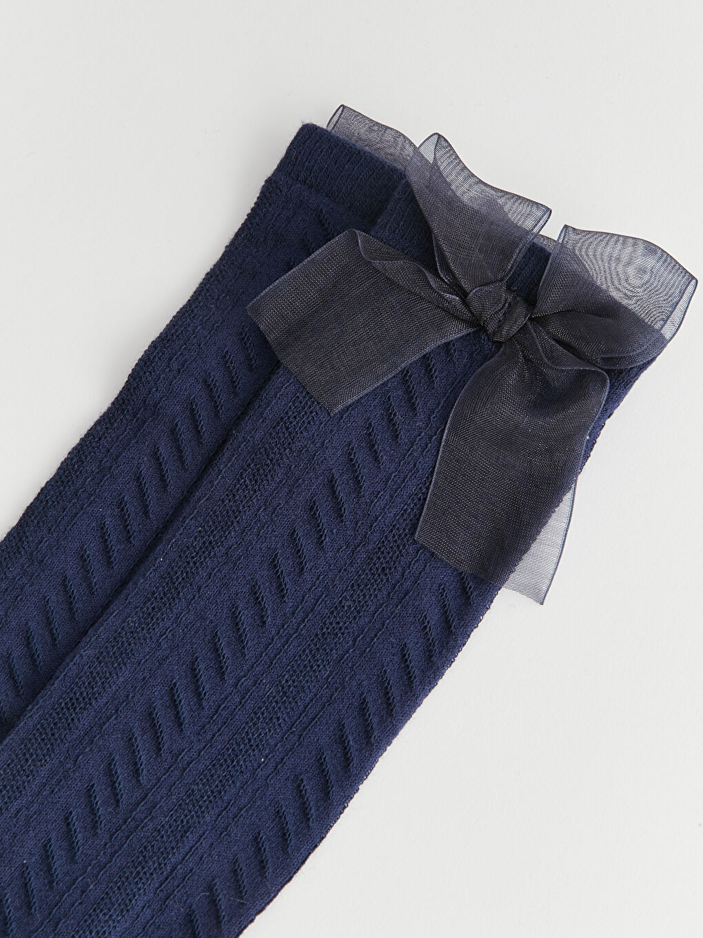 Lacivert Kendinden Desenli Kız Çocuk Diz Altı Çorap-2