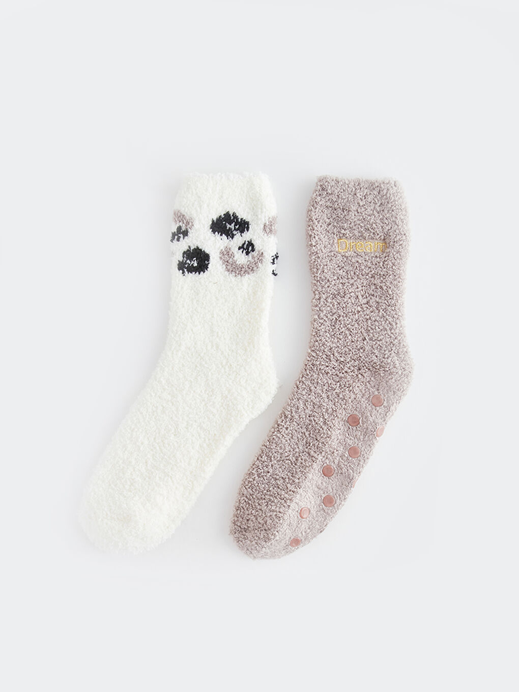 Bej Kaydırmaz Tabanlı Desenli Kadın Ev Çorabı 2'li-1