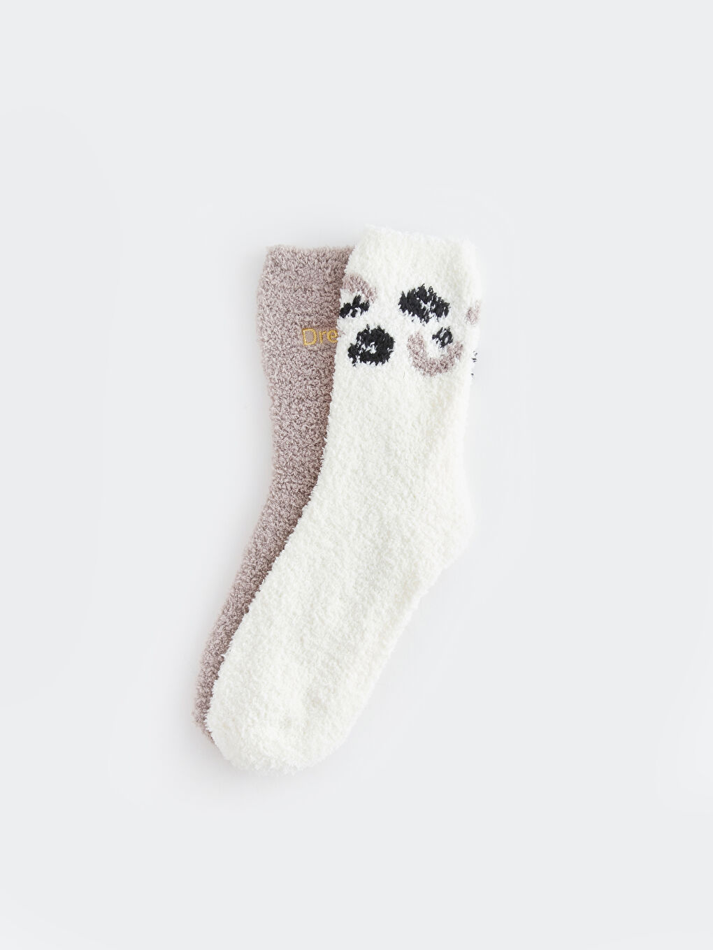 Bej Kaydırmaz Tabanlı Desenli Kadın Ev Çorabı 2'li-2