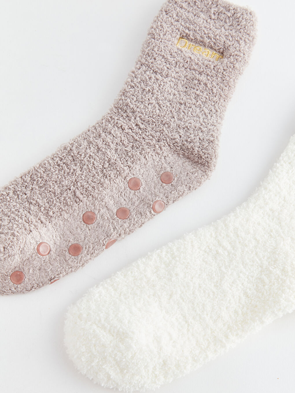 Bej Kaydırmaz Tabanlı Desenli Kadın Ev Çorabı 2'li-3