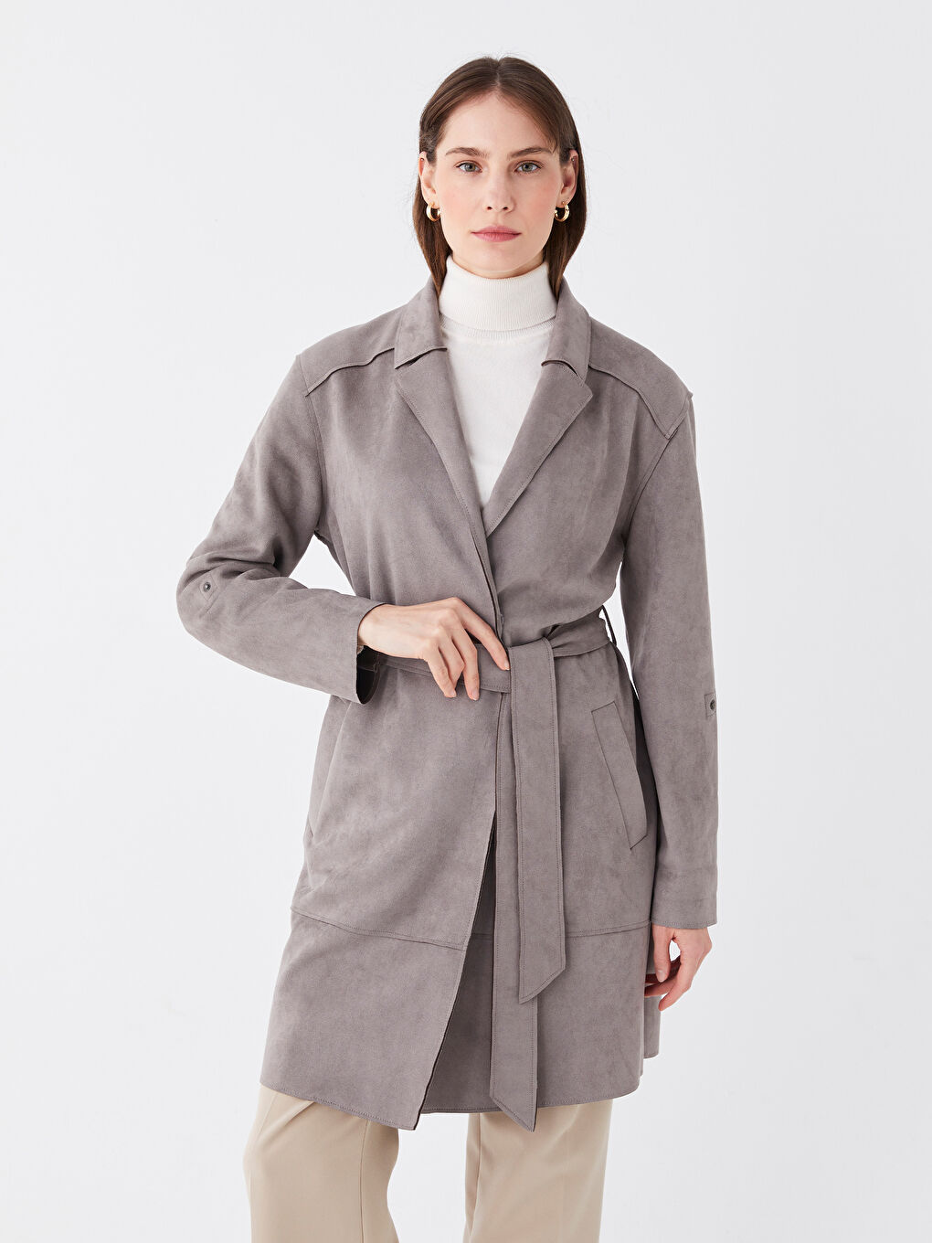 معطف واق من المطر ياقة الجاكيت سادة جلد شمواه للسيدات