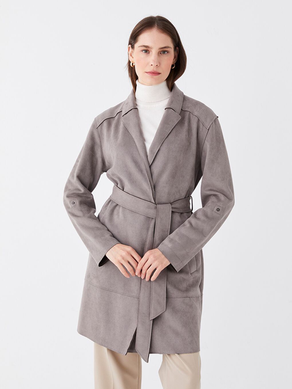 معطف واق من المطر ياقة الجاكيت سادة جلد شمواه للسيدات-1